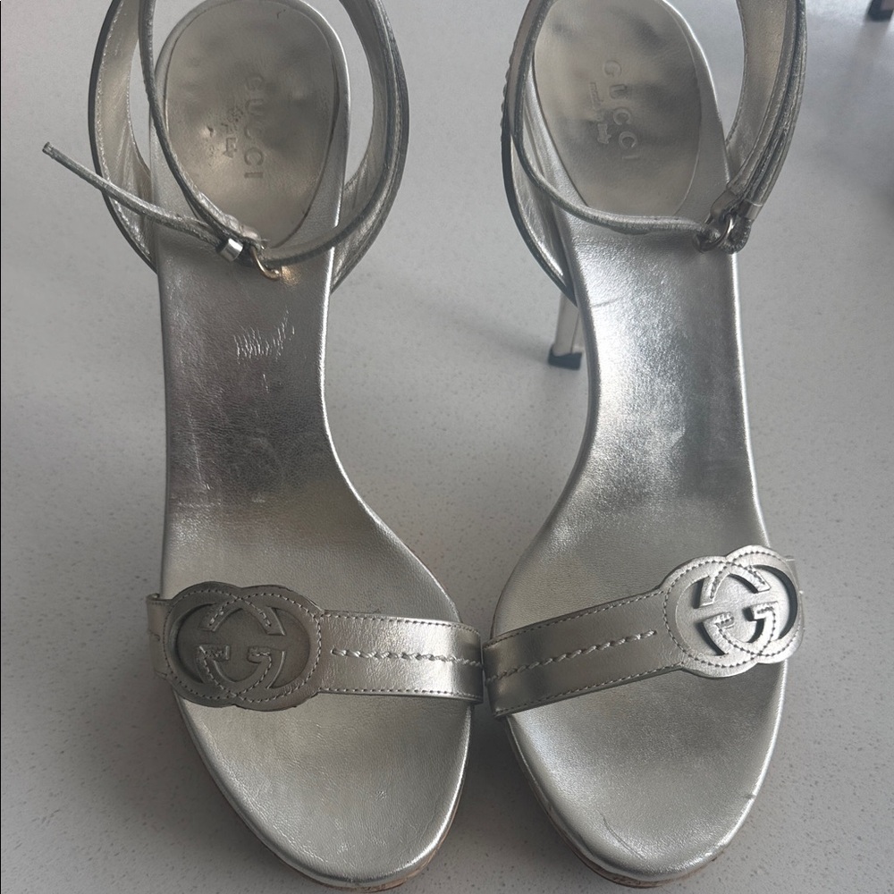 Gucci Silver Metallic Leather Open-Toe Heels